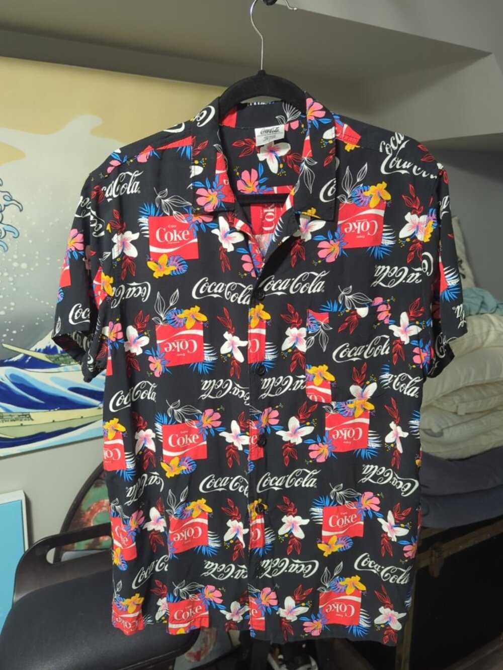 Coca Cola Soda Bottle Logo Hawaiian Button Up Shirt Men's Large L Lrg Coke Pop